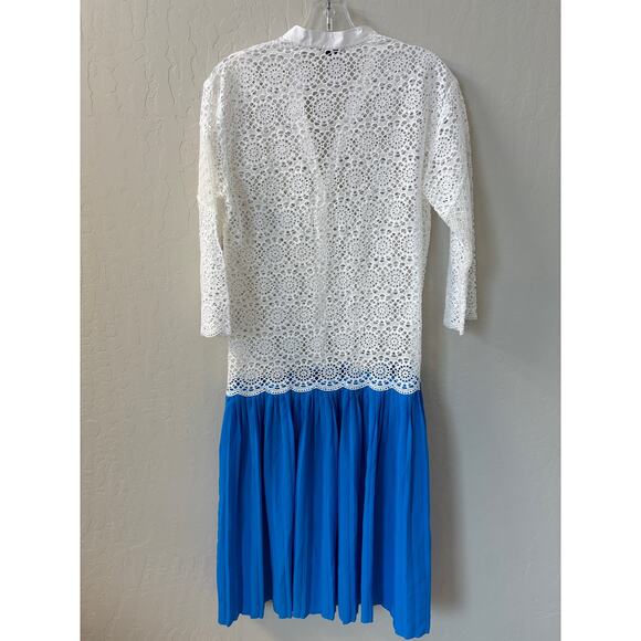 Sandro Paris Sz 6 US 36 FR Maca Eyelet Lace Pleated Skirt Midi Dress White Blue - Picture 12 of 12